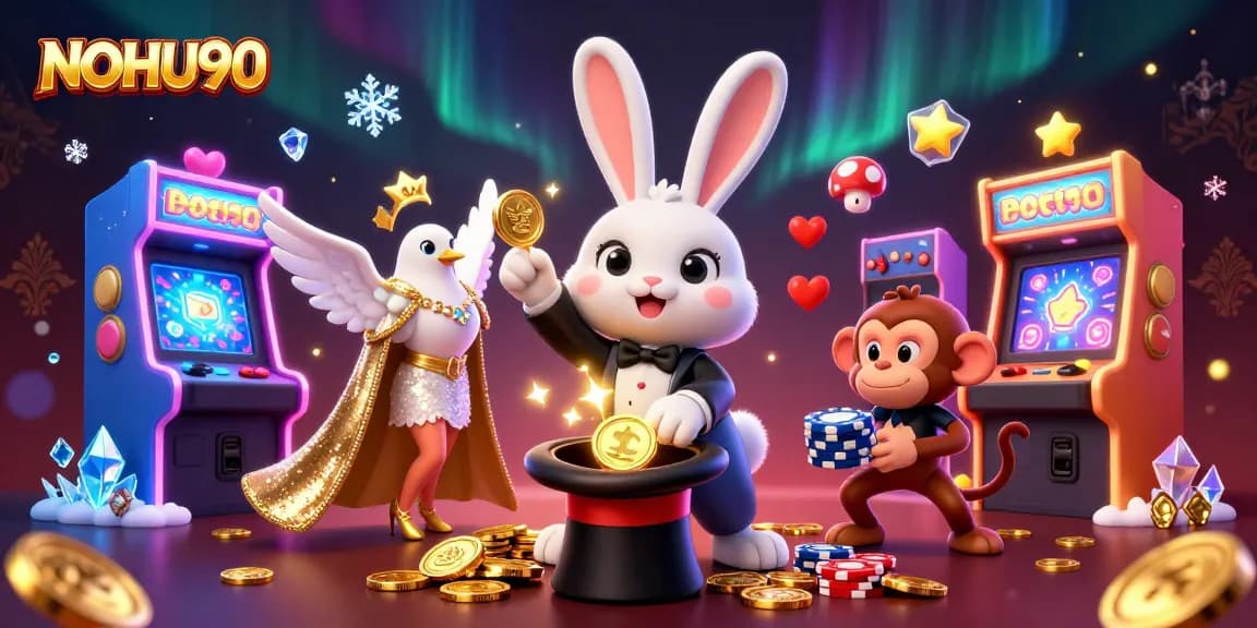 Experience NOHU90 with a magician rabbit, glamorous dove, and monkey at a vibrant casino scene.